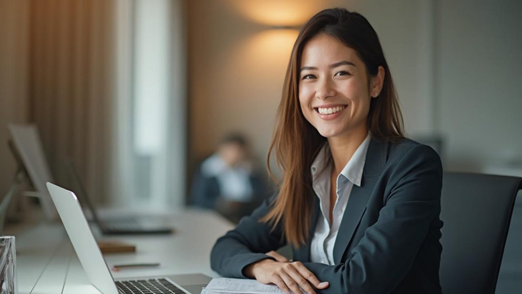 Une femme dans un costume d'affaires travaillant avec un ordinateur portable dans un bureau.