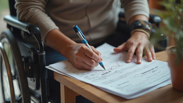 Gros plan des mains d'une personne en fauteuil roulant remplissant un document.