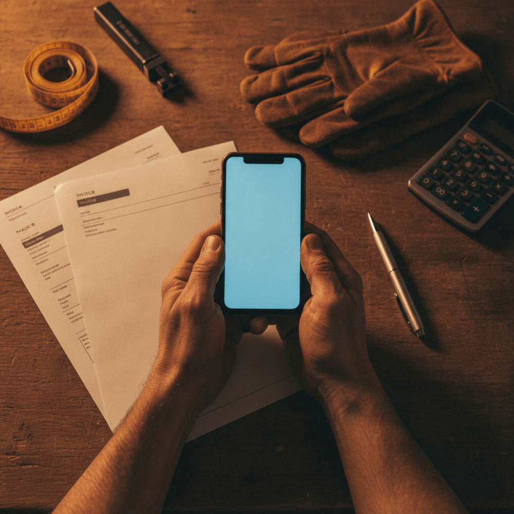 Mains d'artisan tenant smartphone pour relance de factures avec outils de travail sur établi
